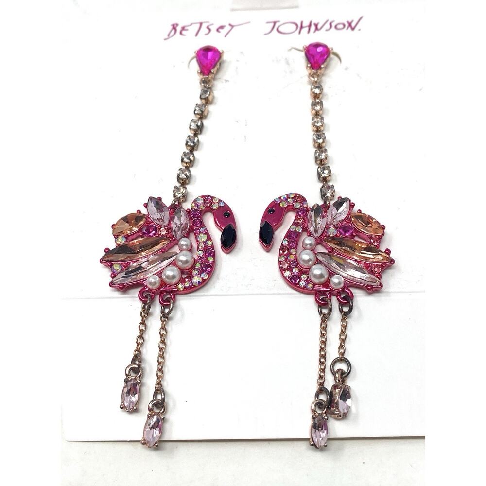 NIB Betsey Johnson Womens Pink and Rose Gold Linear Drop Flamingo Earrings